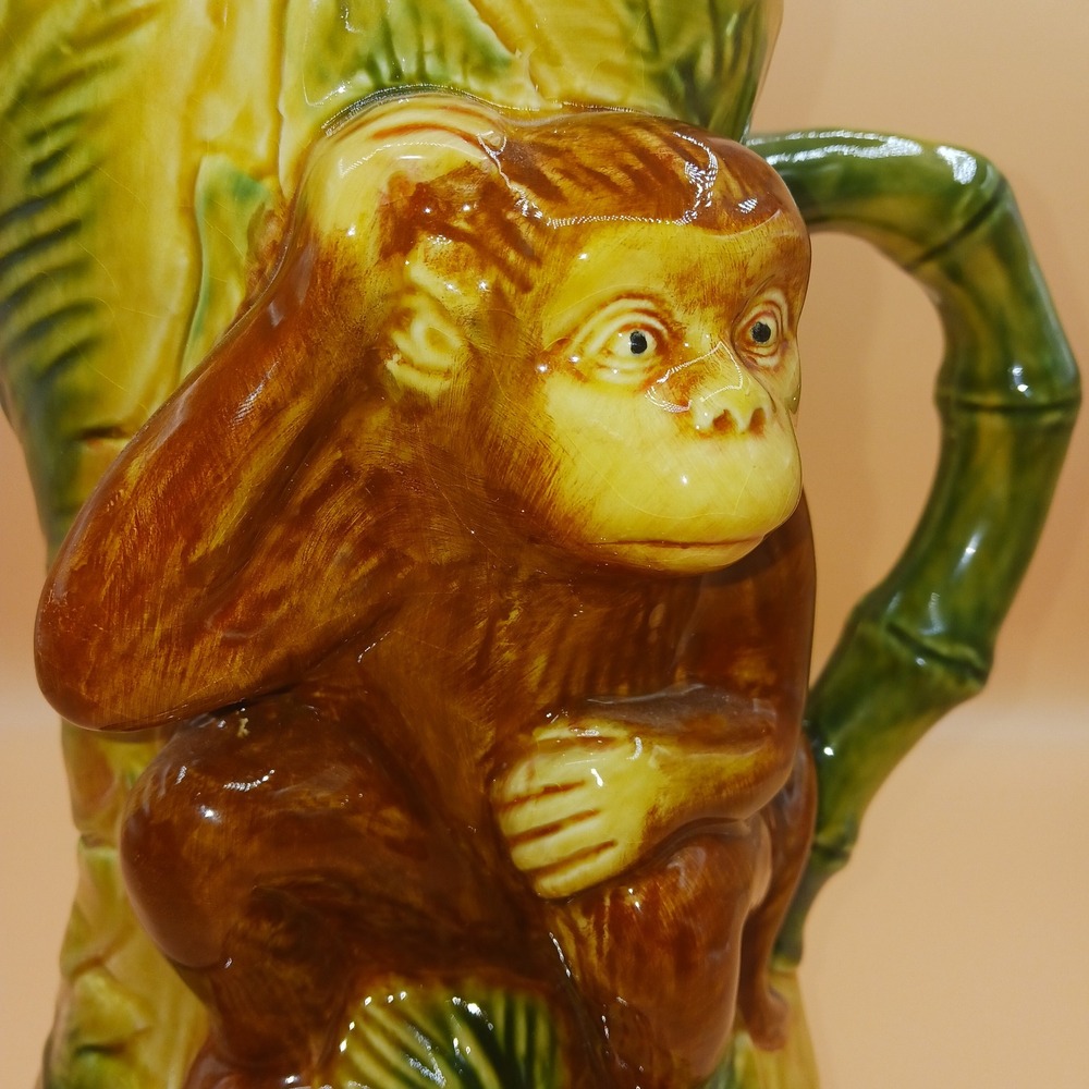 Vtg Ceramic Monkey Pitcher Bamboo Handle Tropical Jungle Palm Leaf Decor Maxcera - Picture 3 of 8